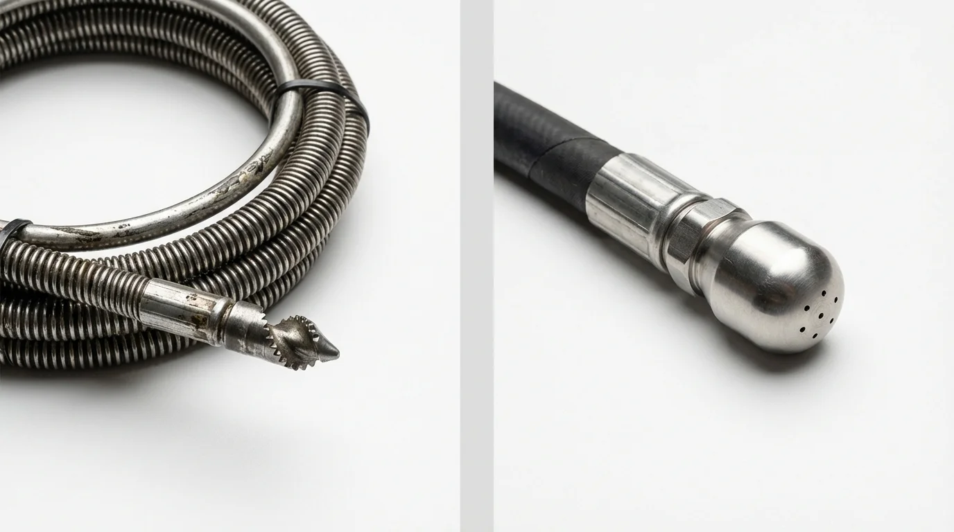 Drain snake cable and hydro jetting nozzle used for drain cleaning in Beachwood, OH